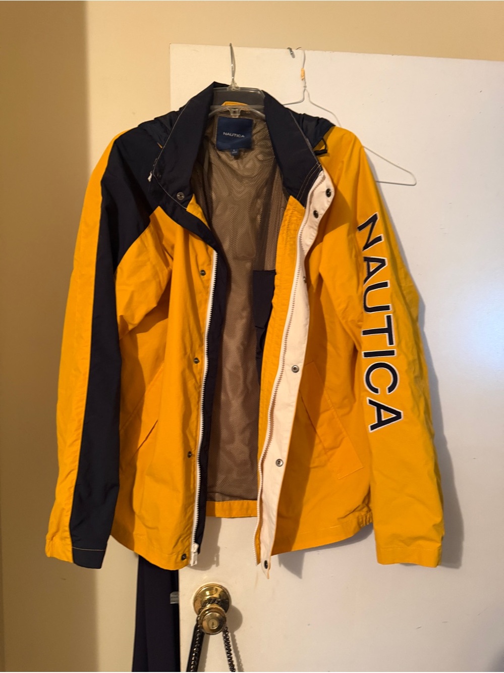 Nautica Women’s Yellow and Navy Hooded Jacket Size Large